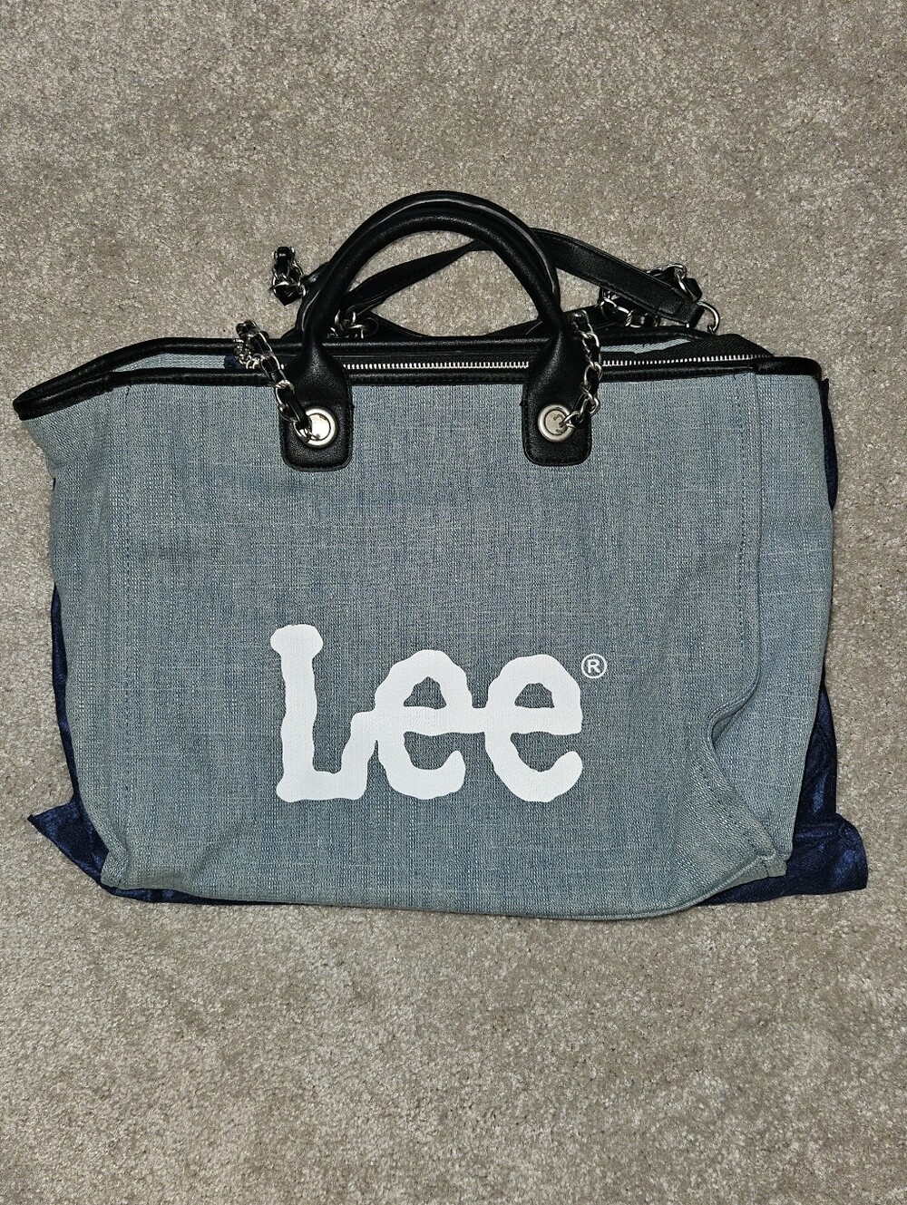 Lee Light Blue Denim Duffel Bag with Black Handles